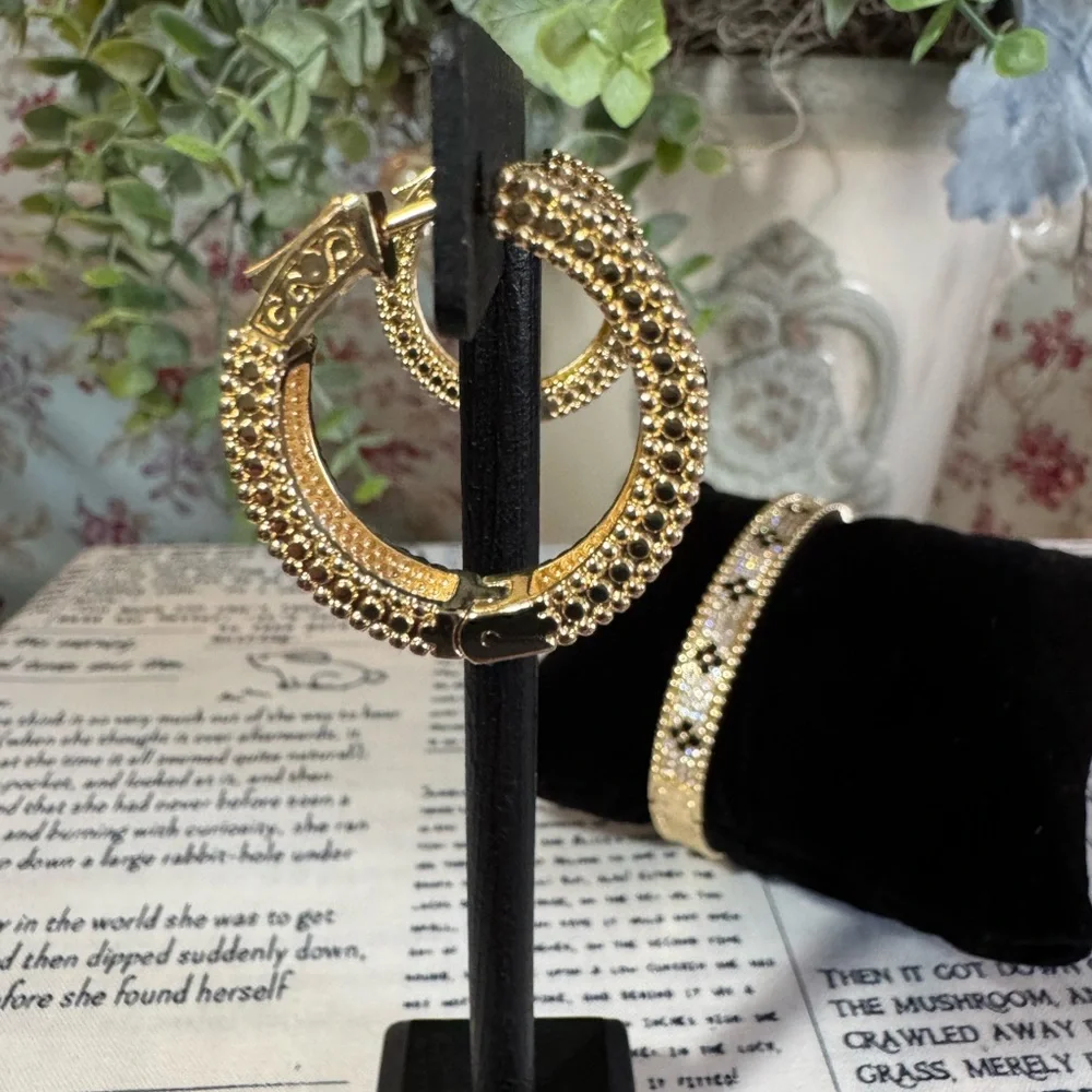 Stainless Steel Gold-Tone Black Flower Crystal Bracelet & Hoop Earring Set - Picture 3 of 6